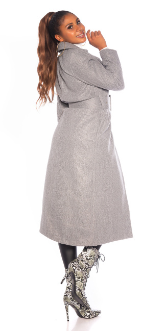 Trendy lange mantel met riem grijs